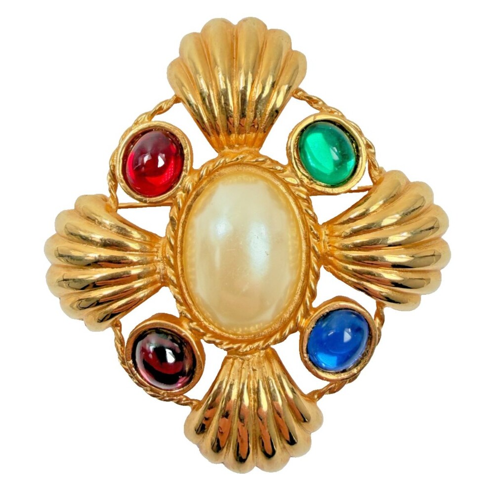 Vintage 80s Maltese Cross Statement Brooch Gold Tone Pearl Jewel Tone Pin Regal